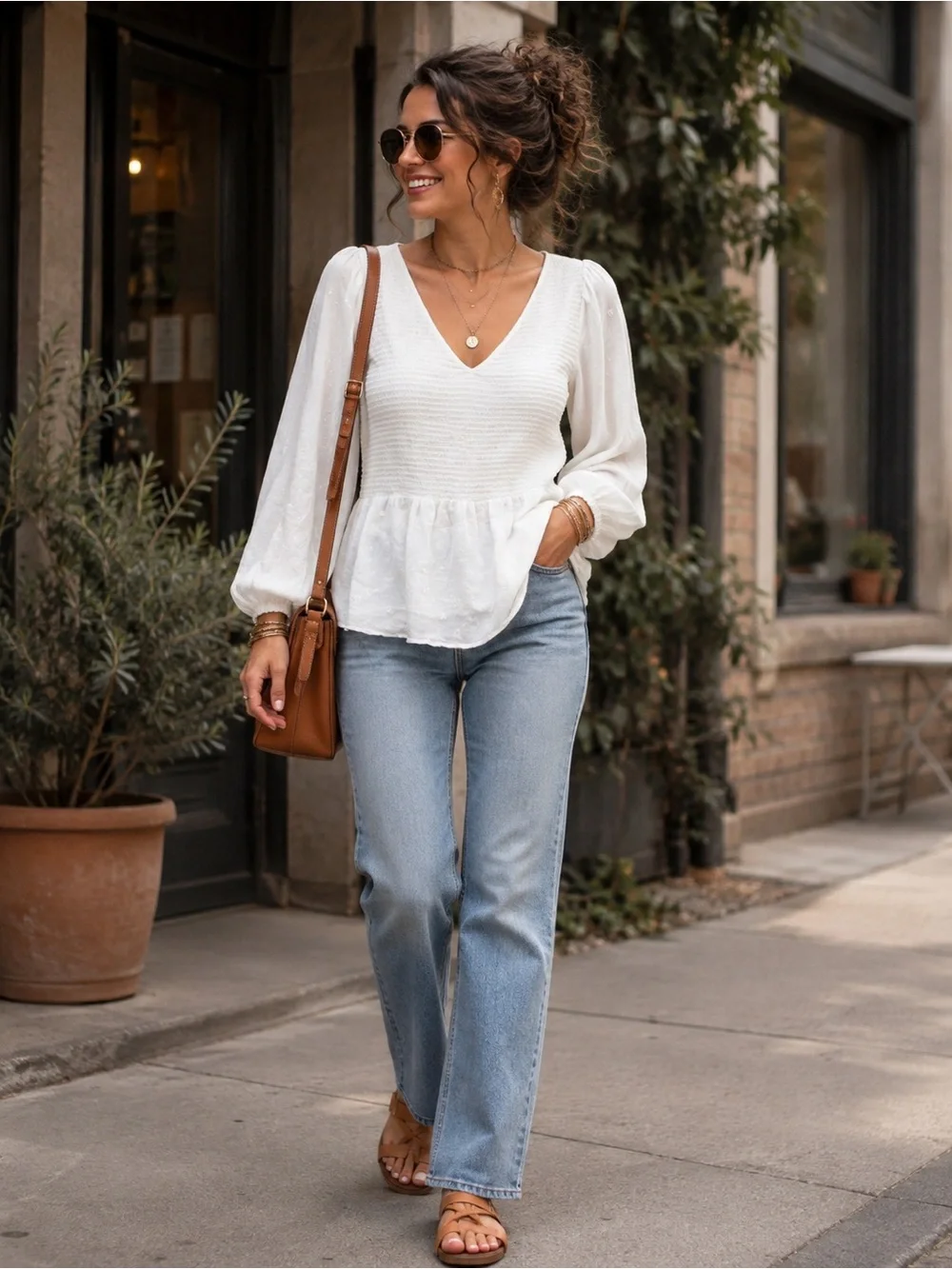 Old Navy Women's Ivory V-Neck Smocked Long Sleeve Peasant Peplum Blouse M